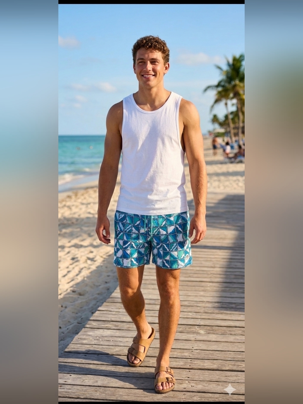 Penguin By Munsingwear Men's Blue Teal Geometric Swim Trunks 5" Inseam, Liner